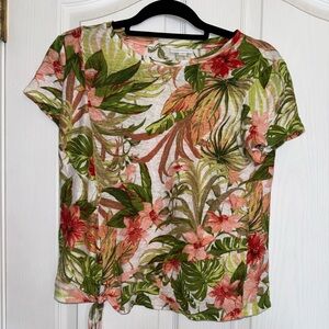 J. Jill Green and Pink Tropical Print Linen Short Sleeve Top Size Small Petite